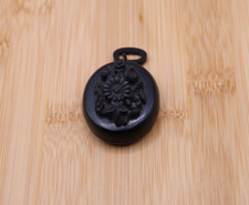 Antique Victorian Vulcanite Jet Mourning Floral Pendant Locket