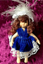 Old Porcelain Small Doll With Moving Arms Legs Clothed & Feather hat 11cm