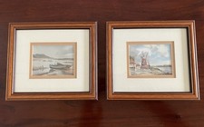 2 Small Watercolour Prints Dated 1850, Cley Windmill, Norfolk. Boats On Beach.
