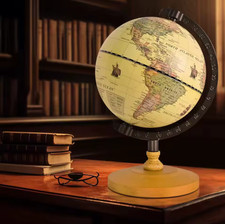 Retro World Globe in English – Wooden Base Earth Map Educational Geography Desk