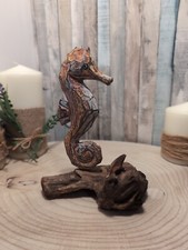 Fair trade Hand Carved And Painted Wooden Seahorse On Driftwood Base  18cm Tall