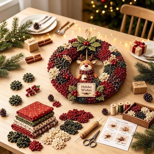 Fabric poke wreath diy kit - 3d,