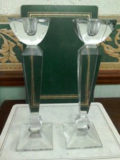 2 x ice clear Glass Candlesticks-retro column Design-square bases-10" high-vgc