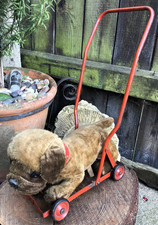 Vintage 1940/50's Chiltern puppy dog on wheels push along toy plush fur metal