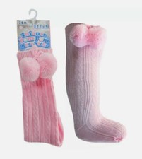  GIRLS PINK SOFT TOUCH POM POM RIBBED SPANISH ROMANY STYLE KNEE HIGH SOCKS