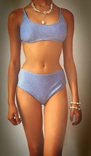 Womens High Waisted Shimmer Bikini Size M (8-10) Pastel blue