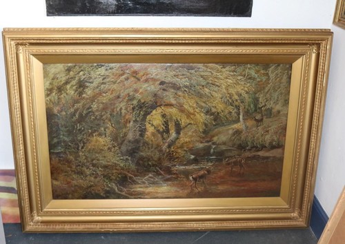 Antique oil painting stags - painting,