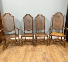 Set 4 Carved Chairs Cane Weaved Cromwellian Farmhouse 1890