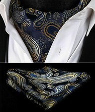 Gold Scarf Men's Cravat Ascot Tie Navy Blue Brown Paisley Silk FREE Handkerchief