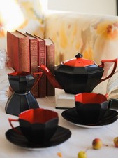 RARE Antique Shelley Queen Anne Art Deco Black Matt Tea Pot Cups Saucers  set 