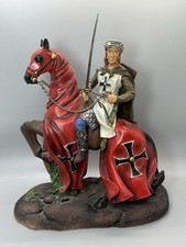 Medieval Crusader Knight on Horse Figurine Teutonic Cross Resin Statue 29cm
