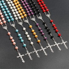 Colorful Rosary Beads Necklace Jesus Crucifix Saints Cross Pendant Long Necklace