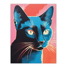 Siamese Cat Blue On Pink Red Risograph Artwork Retro Wall Art Poster Print