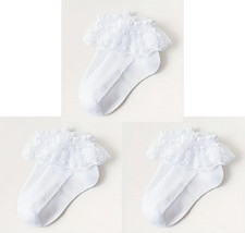 3x Flower Girls White Ankle Socks with Frilly Lace Ruffle Party Wear 3-8 years