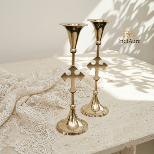 Brass cross candle stand set - candle,