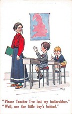 POSTCARD CHILDREN - SCHOOL MISTRESS - BOY - INDIA RUBBER - BEHIND