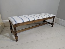 Barley twist Oak Stool Duet Solid Oak Newly Upholstered White Blue FREE POSTAGE 