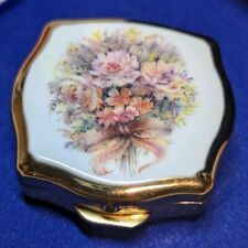 VTG Stratton England Brass Enamel Floral Bouquet Pill Box Mini Compact Case 
