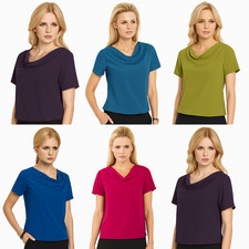 Womans Crepe de Chine Blouse Short Sleeve Draped Cowl Neck Smart Work Office Top