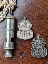 two sterling silver ARP badges & Hudson ARP whistle
