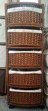 95cmH, 5 Drawer Wicker Storage Chest Unit Medium Dk Brown, Tall, Slim, on Wheels