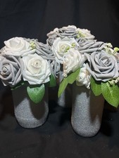 Wedding Table Center Piece 26 Silver Glitter Jar  With 26 Flower Toppers bundle 