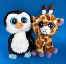 2 x TY BEANIE BOO penguin WADDLES giraffe SAFARI soft toy BIG  EYES BLUE & LILAC