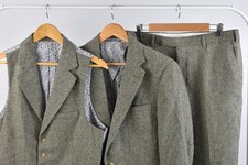 Moss Bros Men's Three Piece Suit 42" Chest 36" Waist Green Tweed Slim Wool Blend