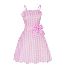 Movie Barbie Cosplay Costume Pink Plaid Dress Halloween Party Fancy Dress Adults