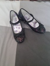 Girls Black  Heeled Sparkly Mary Janes Shoes Size 4