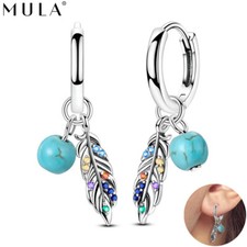 MULA Women 925 Sterling Silver Feather Turquoise AAA CZ Hoop Earrings CZ Jewelry