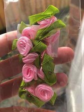 SMALL MINI SATIN RIBBON ROSE BUDS FLOWERS WITH SATIN GREEN LEAVES APPLIQUE CRAFT