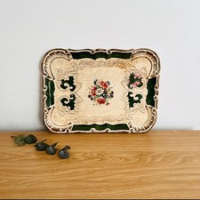 Vintage Florentine Wooden Tray Green Gold Floral Mid Century Italian Style