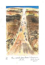 2017 linocut of Arras to Bapaume road by Bill Payne. CRW Nevinson recreation