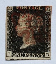 G.B. QV 1840 PENNY BLACK POSTAGE STAMP, SG 1, I-B, RED MALTESE CROSS CANCEL.