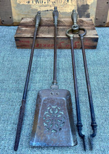Antique 19th C Solid Brass & Iron 3 Piece Fireplace Fireside Companion Set