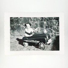 Girl Driving Pedal Car Photo 1950s Fire Chief Toy Child Stone Snapshot A4343