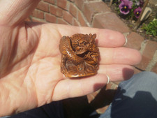 Hand Carved wood netsuke Dragon coiled upright collectable boxwood figure