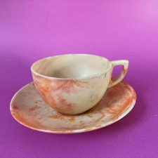 Vintage Art Deco Bandalasta Early Plastic Cup And Saucer Marbled Orange Rare