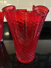 Red Hand Made Ribbed Glass Handkerchief Vase  25cms Tall - Great Condition