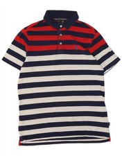 MUSTO Mens Polo Shirt Medium Navy Blue Striped Cotton KH08