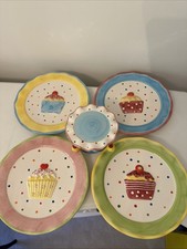 Colourful Cupcake Plates x 4 and Mini Cake Stand Earthenware Set