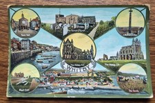 1912 Whitby Multiview Postcard - Town Hall Church, Caedmon's Cross, Sands, Abbey