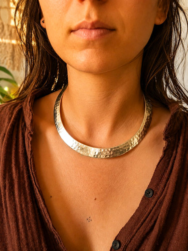 Silver tone hammered - hammered, crescent