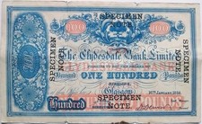 1884 Clydesdale Bank £100 Pound Specimen Banknote by E. Bacon & Son London
