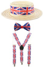 UNION JACK STRAW BOATER HAT, BOW TIE BRACES VE DAY BRITAIN FLAG FANCY DRESS