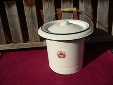 Vintage Japy French Lidded Enamel Bucket , White with Black Trim & Swing Handle.
