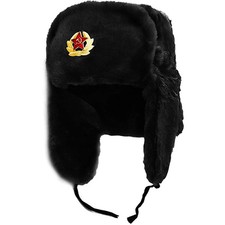 Russian Hat Mens Ladies Faux Fur Winter Trapper Ear Flap Soviet Badge Ushanka