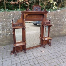 Huge Mahogany Over Mantel Mirror, Decorative Features 3 Bevelled Mirrors