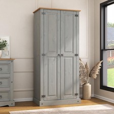 Corona Wardrobe 2 Door Grey Bedroom Solid Mexican Pine Wood Flat Top